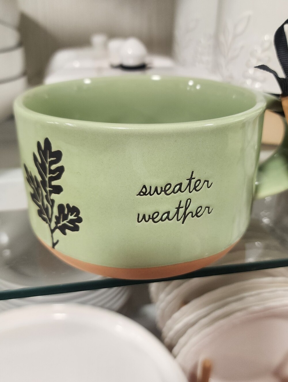 Rae Dunn Green "sweater weather" Ceramic Mug with Tan Base